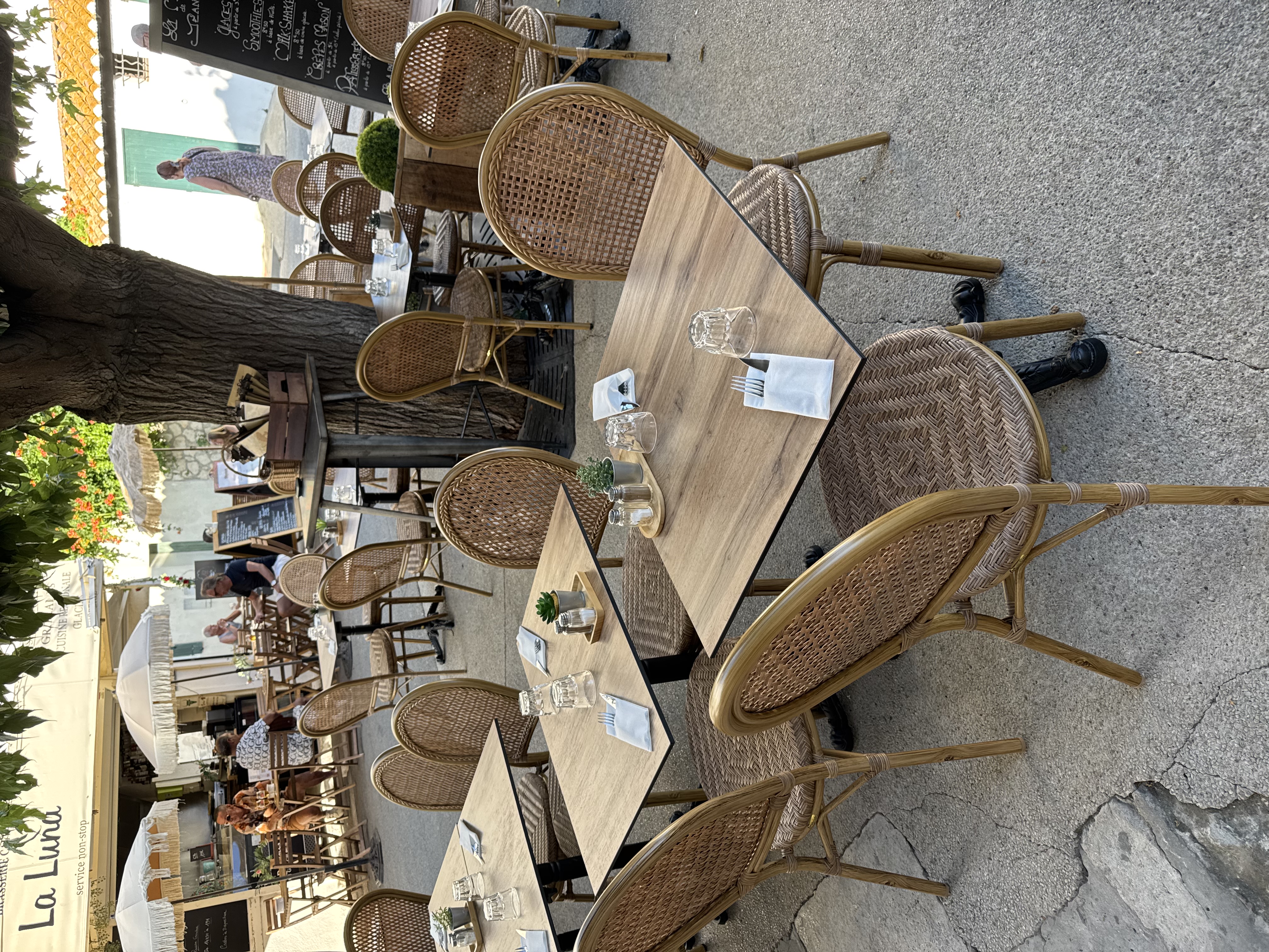 Terrasse La Maison de Jeanne, chaises en rotin sous le murier